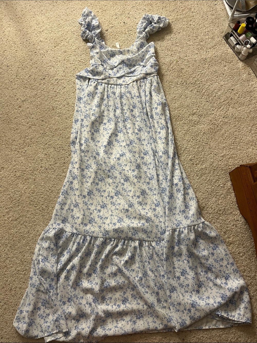 Altar'd State White Maxi Dress with Blue Floral Print